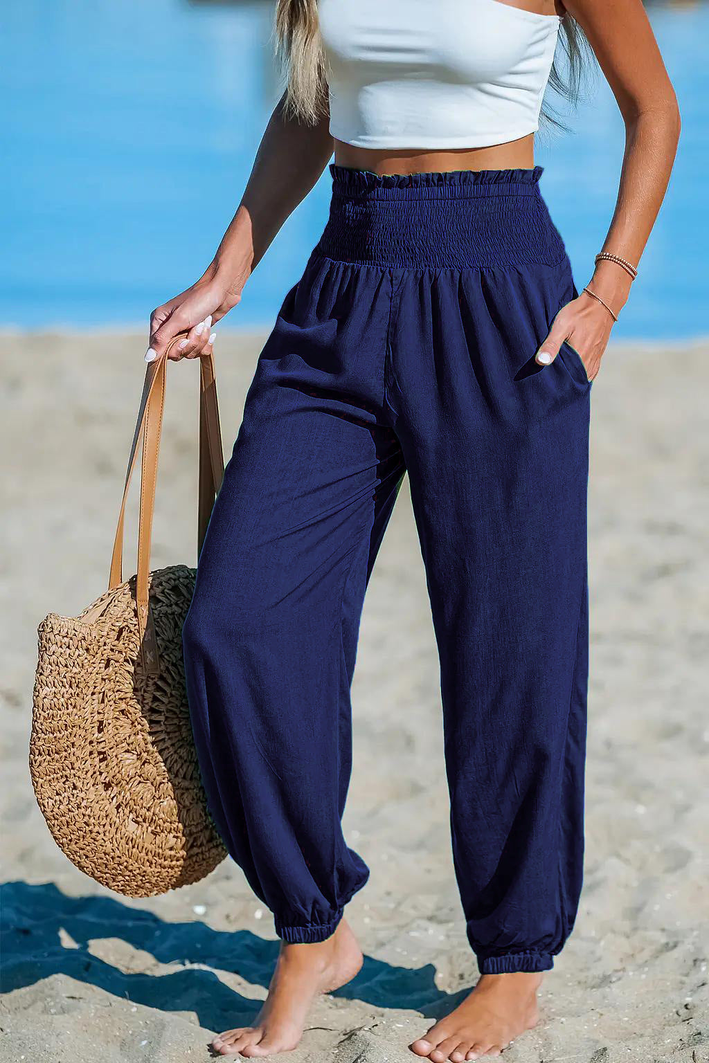 Women's Solid-color Casual Tapered Pants With Elastic Waist