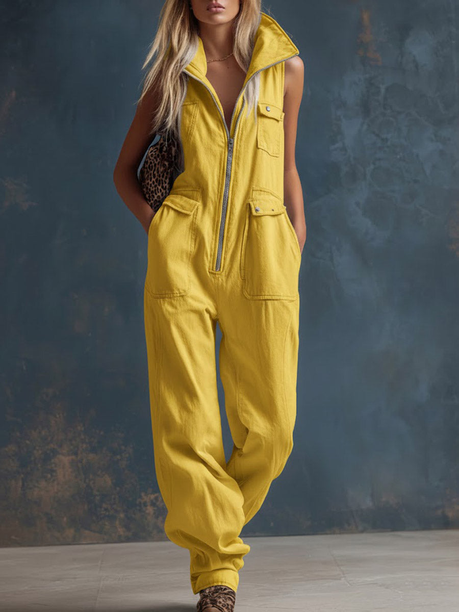 Women's Solid Color Stand-collar Sleeveless Casual Loose Cotton Wide-leg Jumpsuit