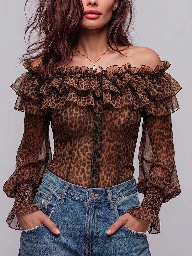 Stylish Off-shoulder Leopard Print Ruffled Blouse