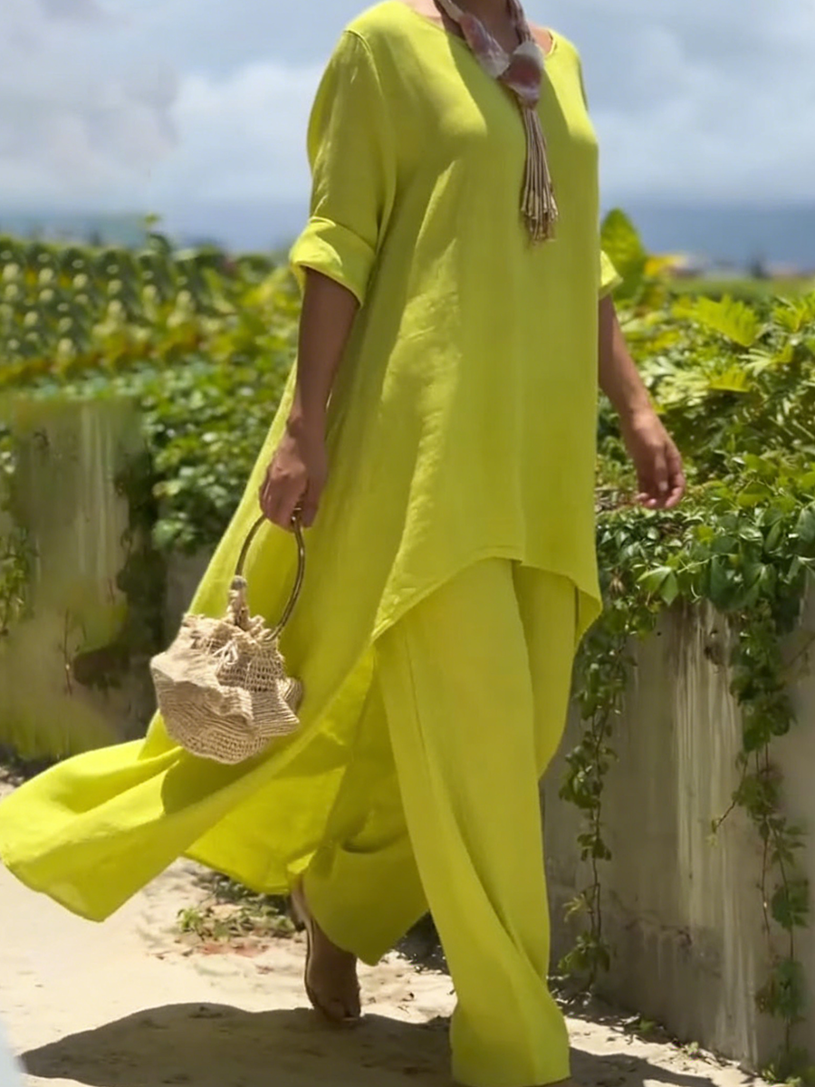 Cozy Travel Asymmetrical Hem Cotton-linen Two-piece Set