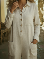 Casual Polo Collar Button-up Linen Jumpsuit