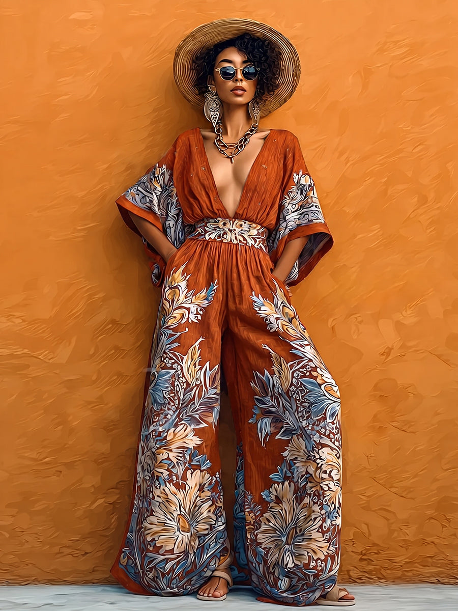 Boho Floral Print V-neck Wide-leg Jumpsuit