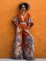 Boho Floral Print V-neck Wide-leg Jumpsuit