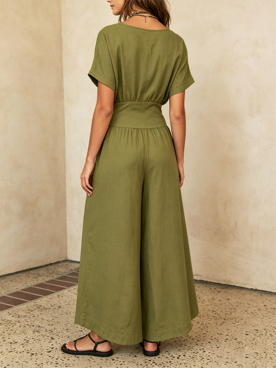 Mono de manga corta de algodón y lino para mujer, estilo casual, elegante y moderno.