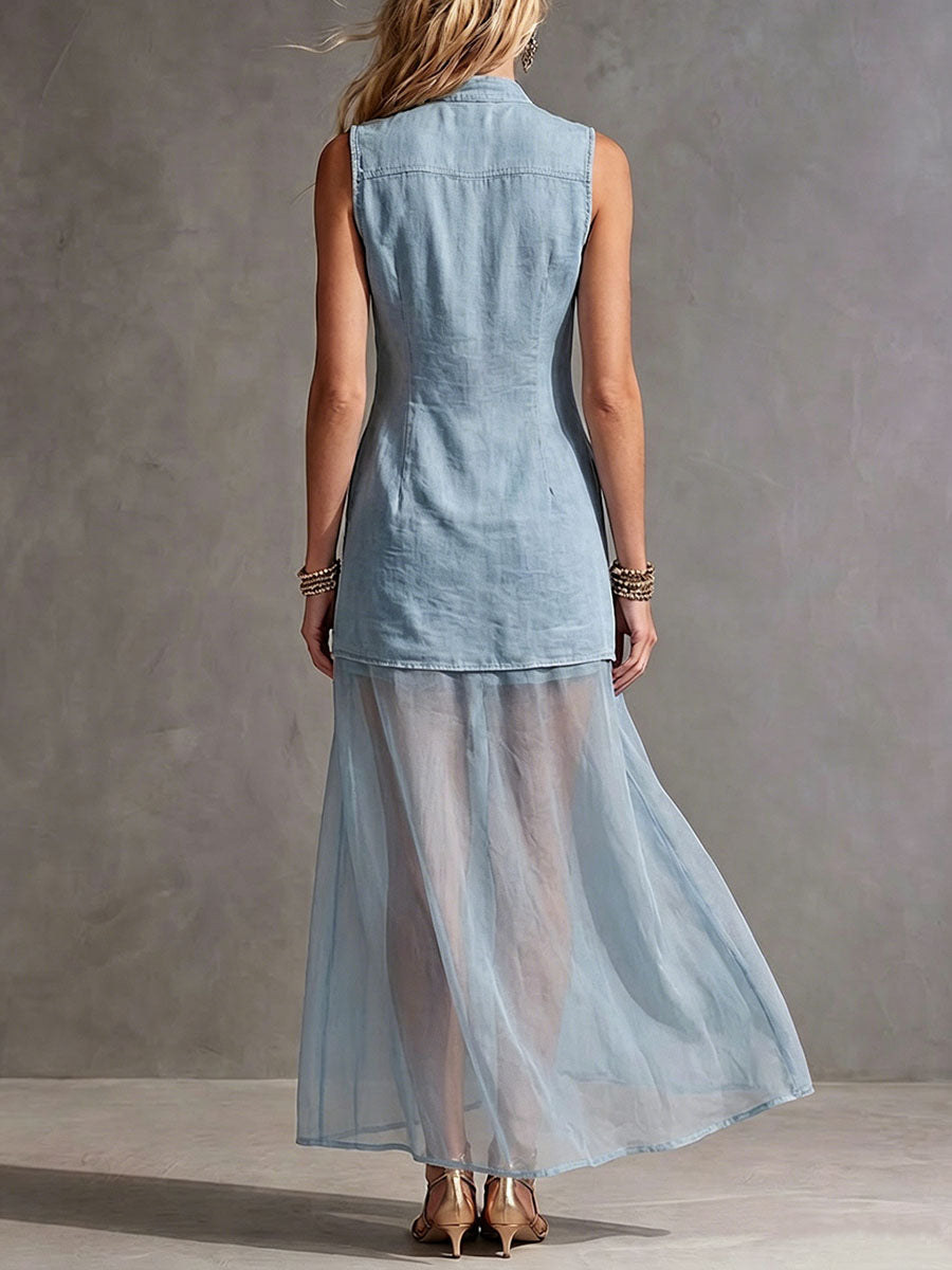 Women's Casual Loose V-neck Sleeveless Denim And Chiffon Patchwork Dress