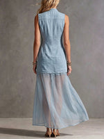 Women's Casual Loose V-neck Sleeveless Denim And Chiffon Patchwork Dress