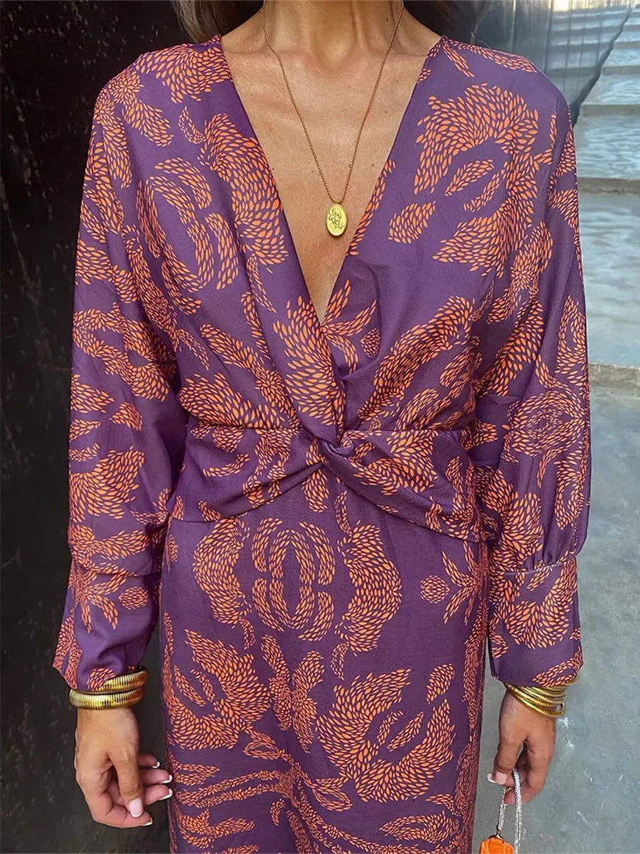 Women's Retro Floral Art Casual V Neck Long Sleeve Stylish Dress