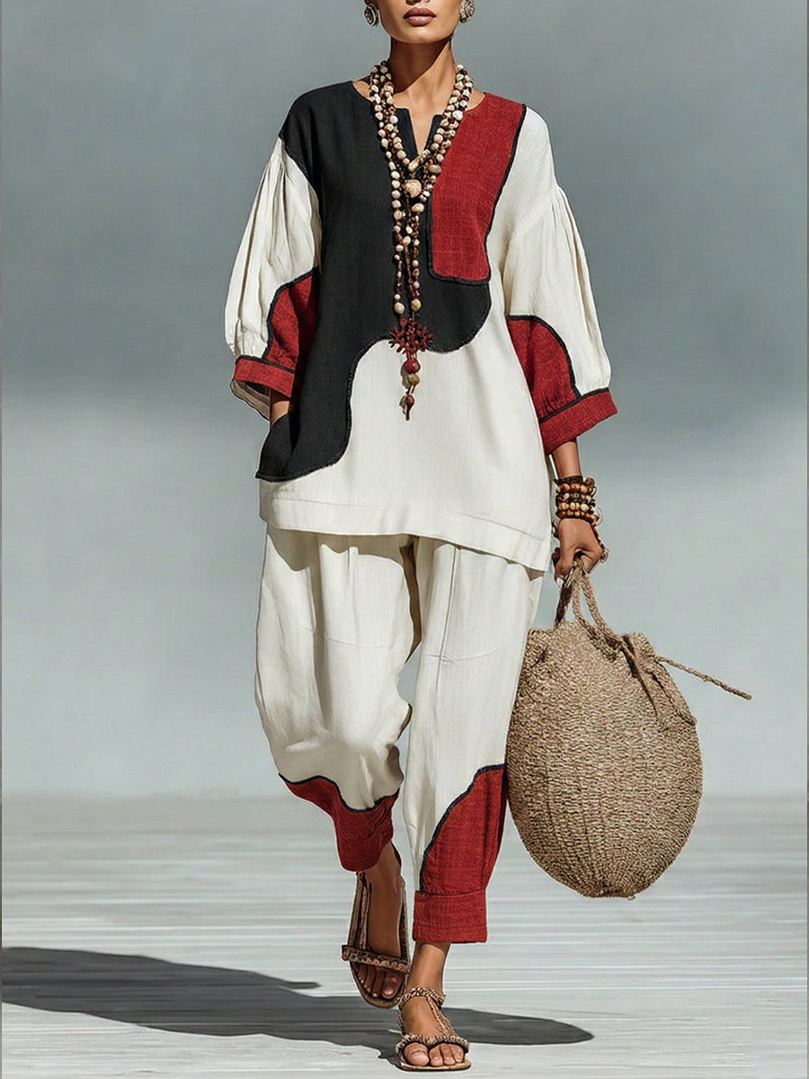 Casual Artistic Color-blocked Linen And Cotton Top And Pants Two-piece Set