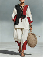 Casual Artistic Color-blocked Linen And Cotton Top And Pants Two-piece Set