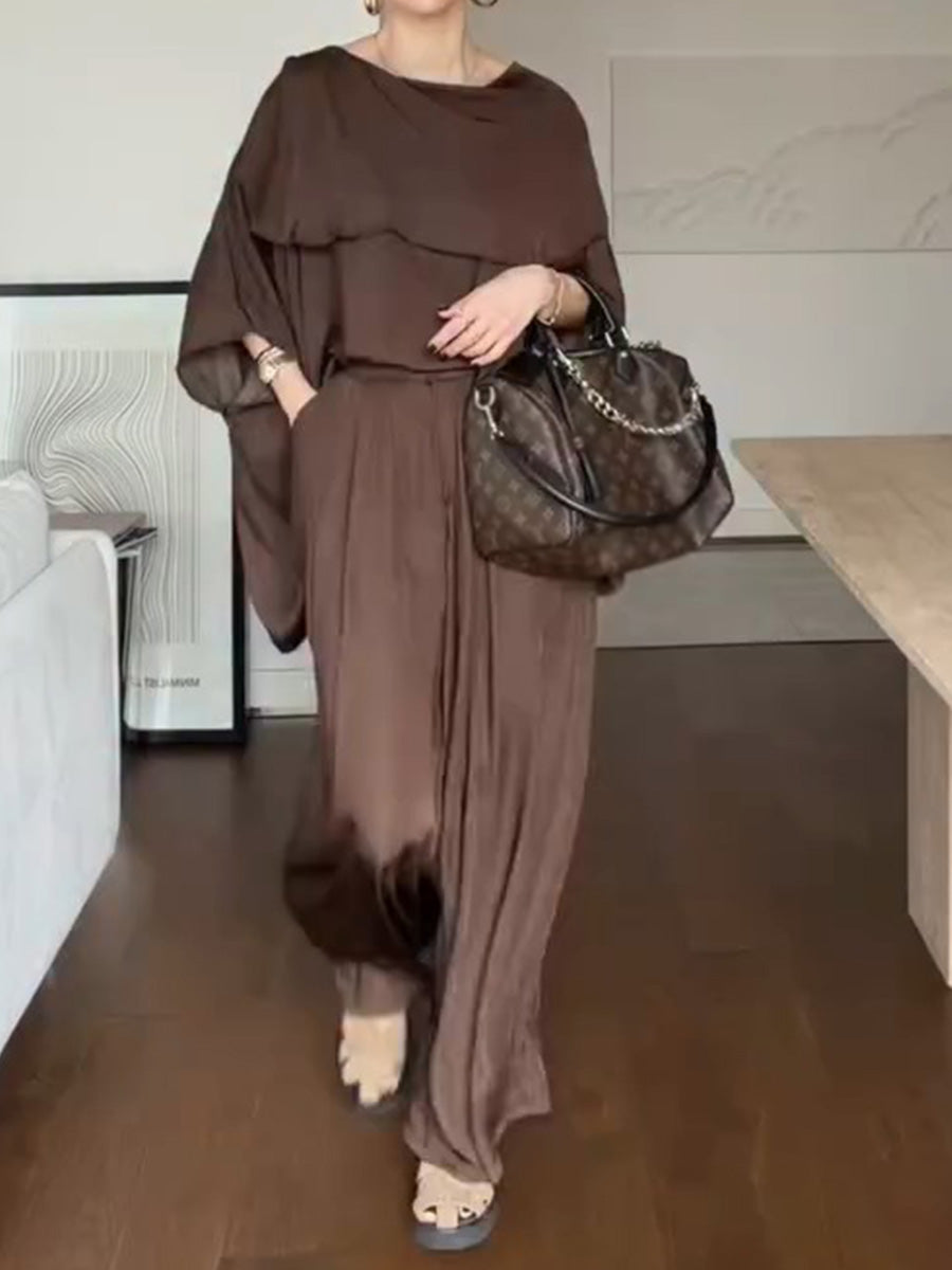 Women's Solid-color Round-neck 3/4-sleeve Loose Casual Top & High-waisted Wide-leg Pants Set