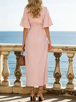 Women's Solid-color Round-neck Short-sleeve Casual Loose Cotton-linen Dress