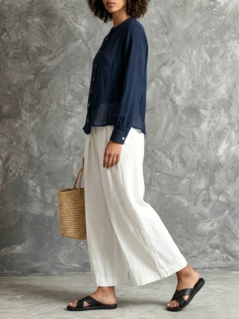 Conjunto sencillo informal de algodón y lino para mujer.