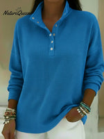 Casual Stand-collar Button-up Waffle-knit Sweatshirt