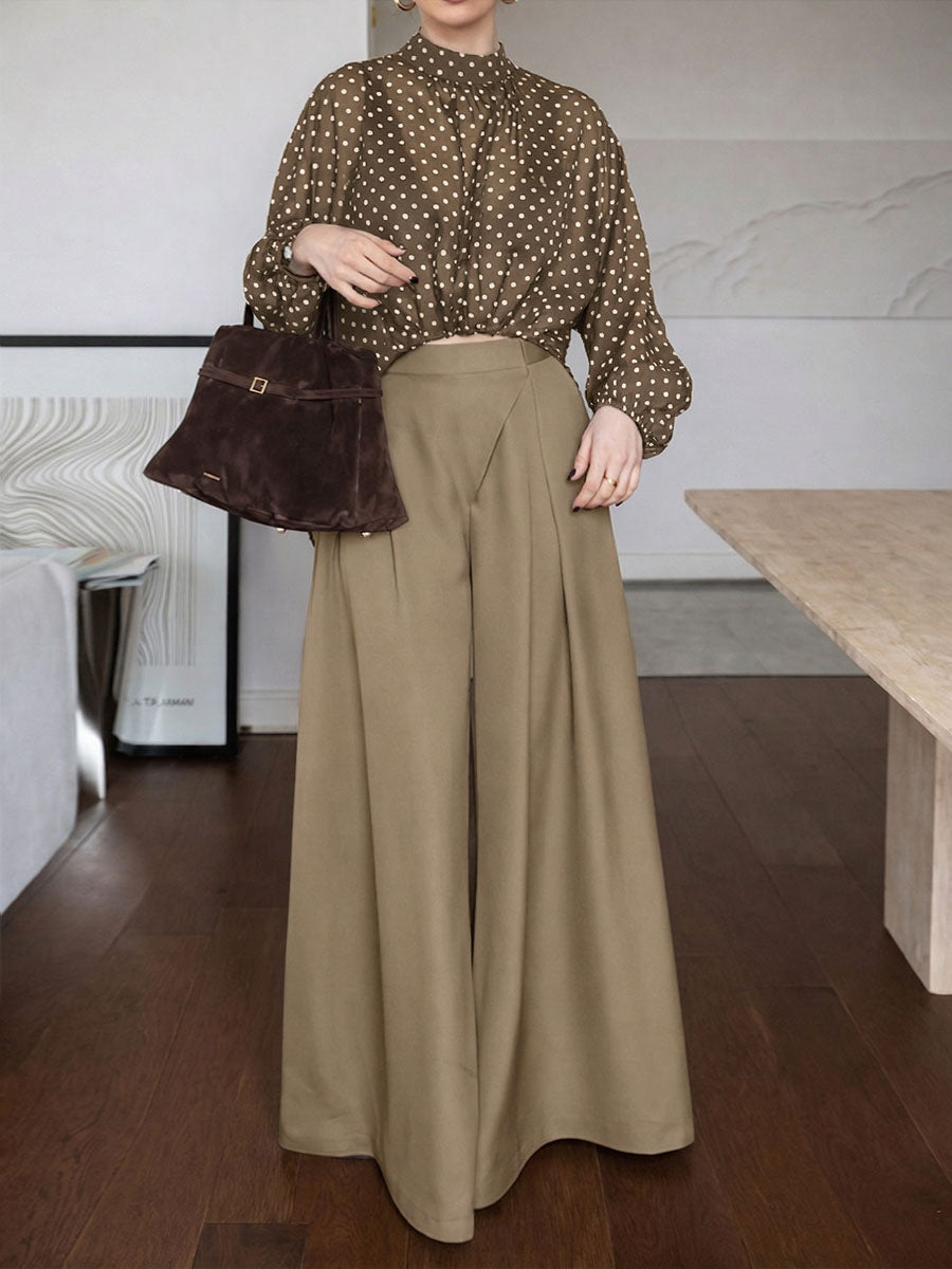 Women's Polka Dot Print Stand-collar Long-sleeve Loose Chiffon Top & High-waisted Wide-leg Pants Set