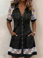Women's Short-sleeve Casual Loose Denim-paneled Dress With Shirt Collar