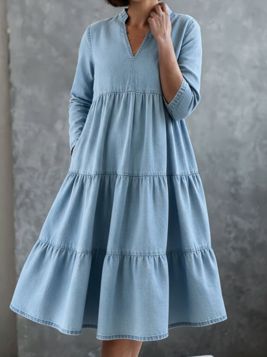 Casual Elegant Multi-layered Hem Denim Dress