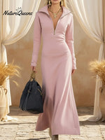 Casual Cozy Stand-up Collar Zip-up Stretch Maxi Dress
