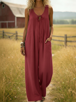Cozy Pleated Drawstring Cotton Jumpsuit
