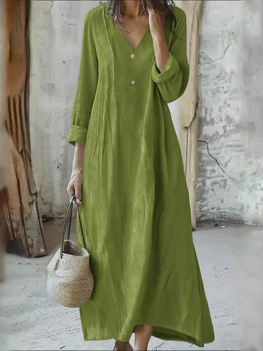 Women's Solid Color Art Casual Long Sleeve Cotton Linen Dress
