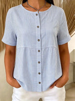 Women's Striped Pattern Art Print Casual Short Sleeve Cotton Shirt