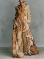 Classic Color-block Dress With Irregular Mountain Motif — Featuring A Turn-down Collar, Cinched Waist, And Flared Skirt
