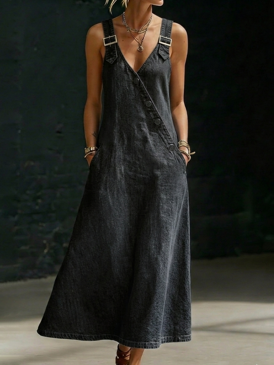 Casual Button-up Shoulder Straps Denim Dress