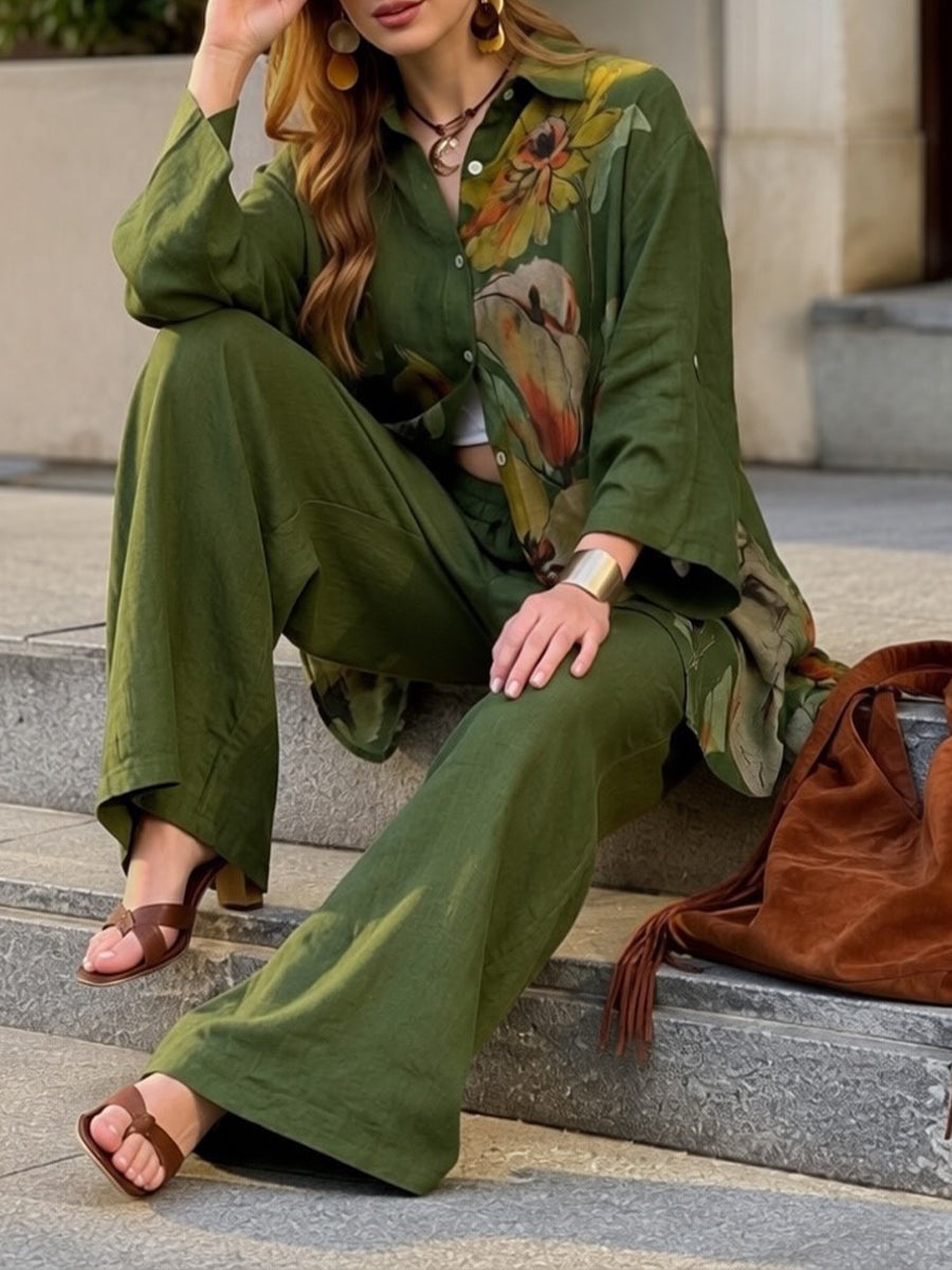 Two-piece Set Featuring A Loose, Casual Printed Linen-cotton Shirt And Solid-colored Trousers.