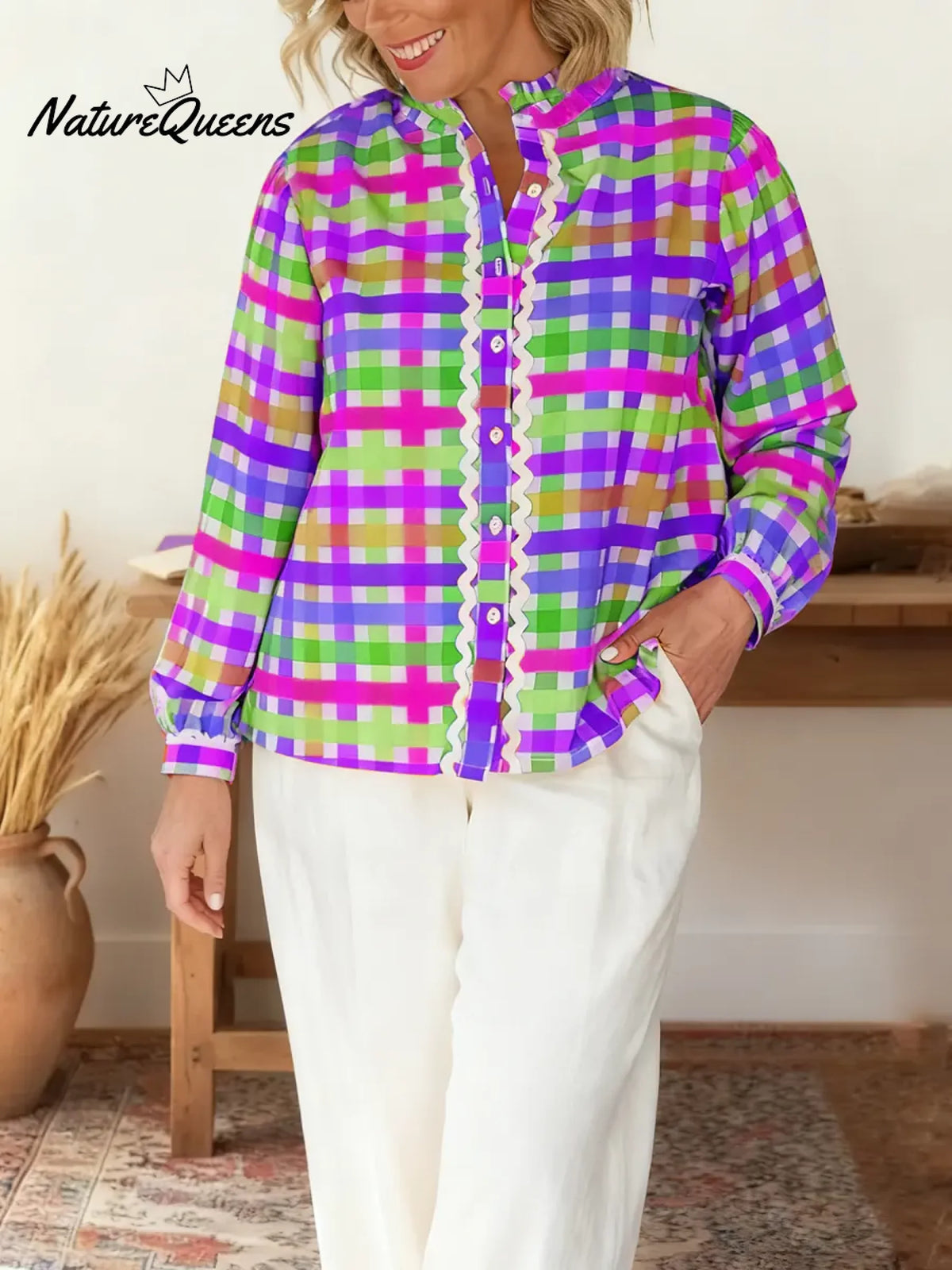 Women's Striped Print Shirt Collar Long Sleeve Casual Loose Cotton Linen Top