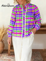 Women's Striped Print Shirt Collar Long Sleeve Casual Loose Cotton Linen Top