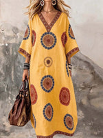 Women's Retro Geometric Print V-neck 3/4-sleeve Casual Loose Cotton-linen Dress