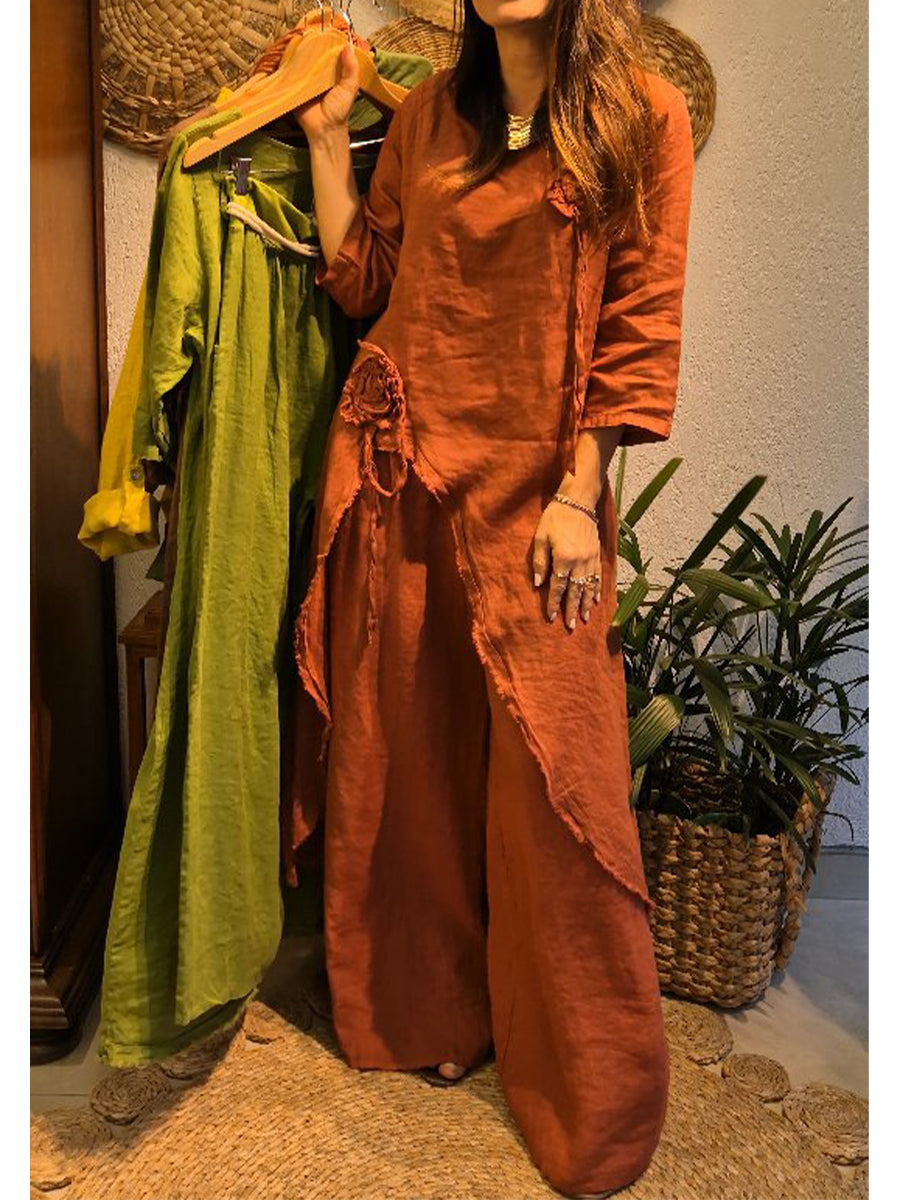 Casual Loose-fit Linen & Cotton Two-piece Set: Long Top With 3d Floral Accents And Trousers