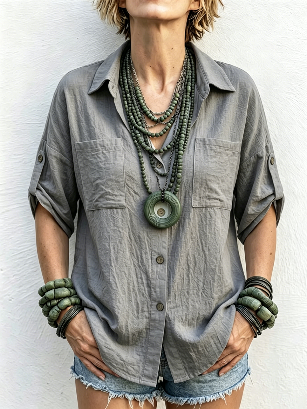 Blusa de algodón y lino con doble bolsillo frontal y hombros caídos.