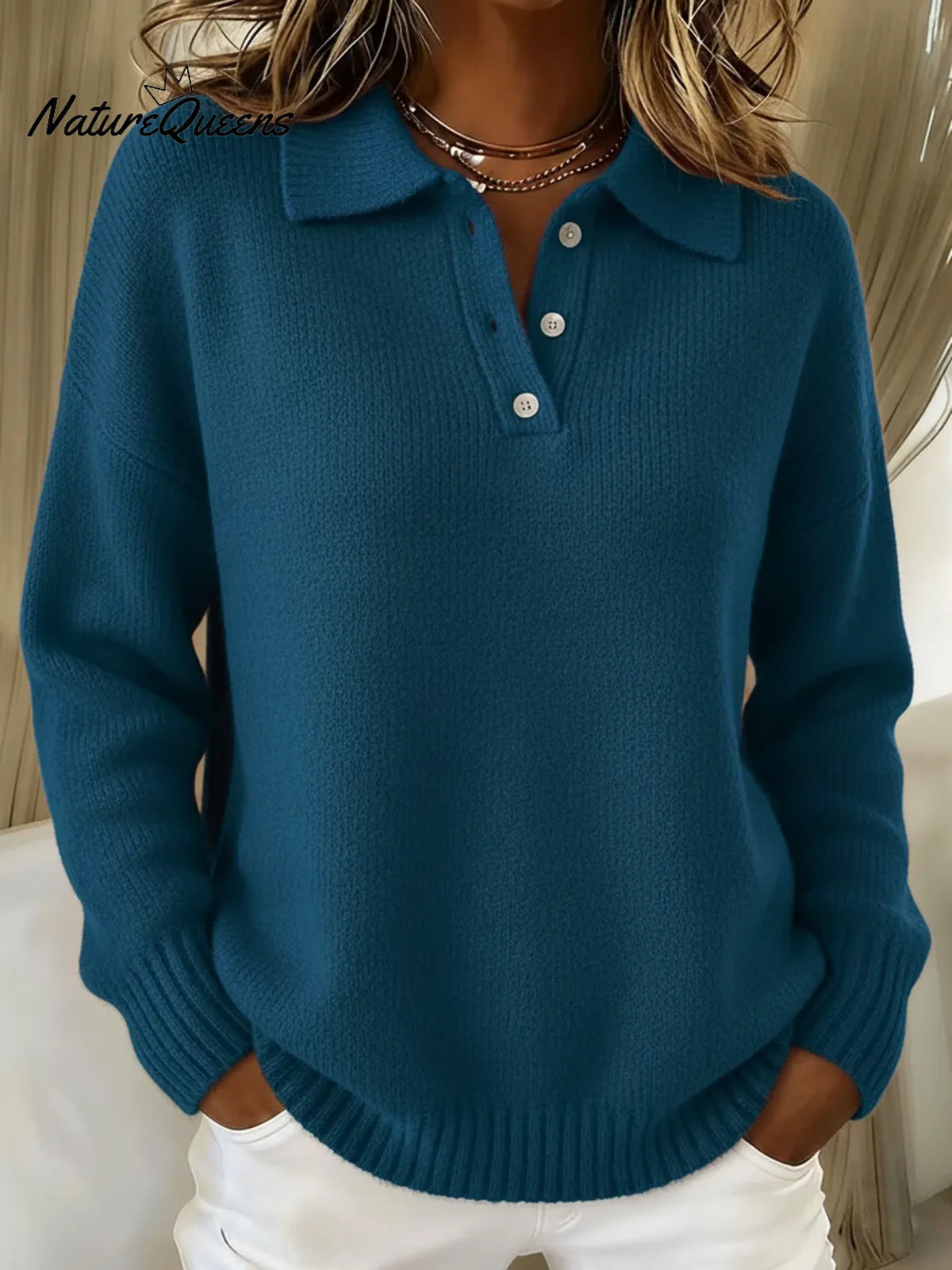 Classic Polo Neck Button-Down Solid Color Sweater Top