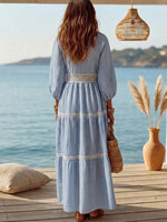 Stylish Casual Striped & Lace-trimmed Linen-cotton Maxi Dress