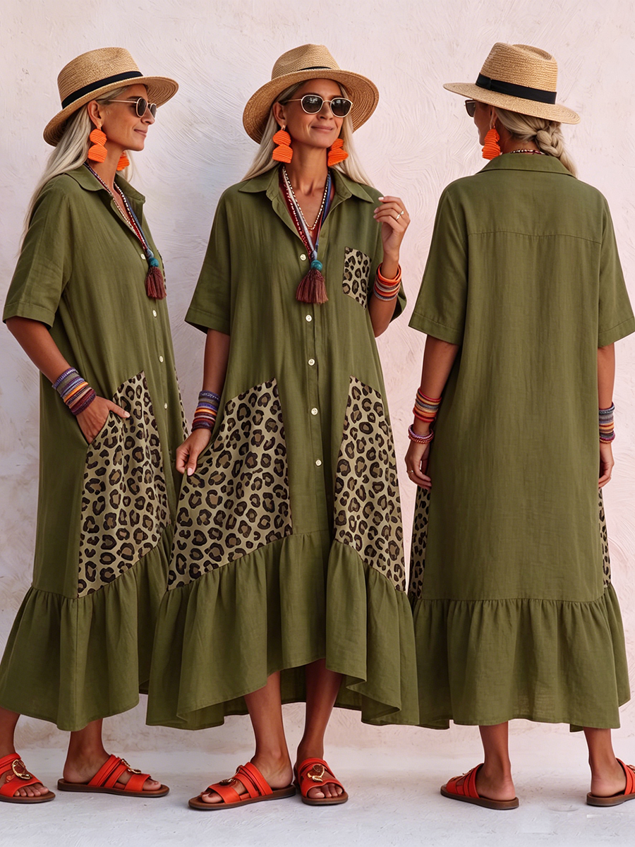 Casual Boho Leopard Print Cotton-linen Dress