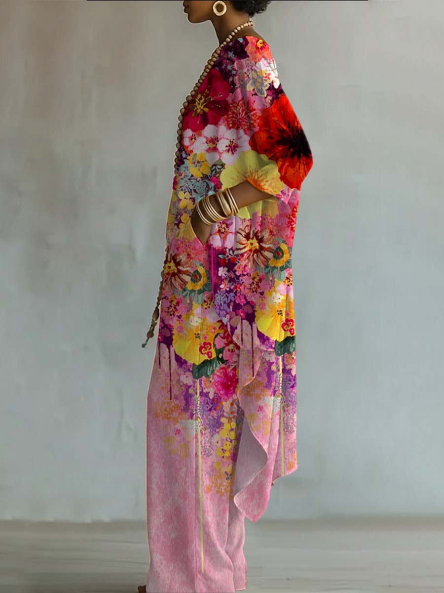 Women's Floral Art Print Casual Stylish 3/4 Sleeve Cotton Suits