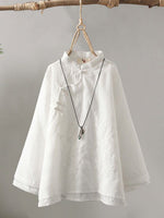 Women's Stand-collar Long-sleeve Loose-fit Casual Cotton-linen Shirt With Embroidery