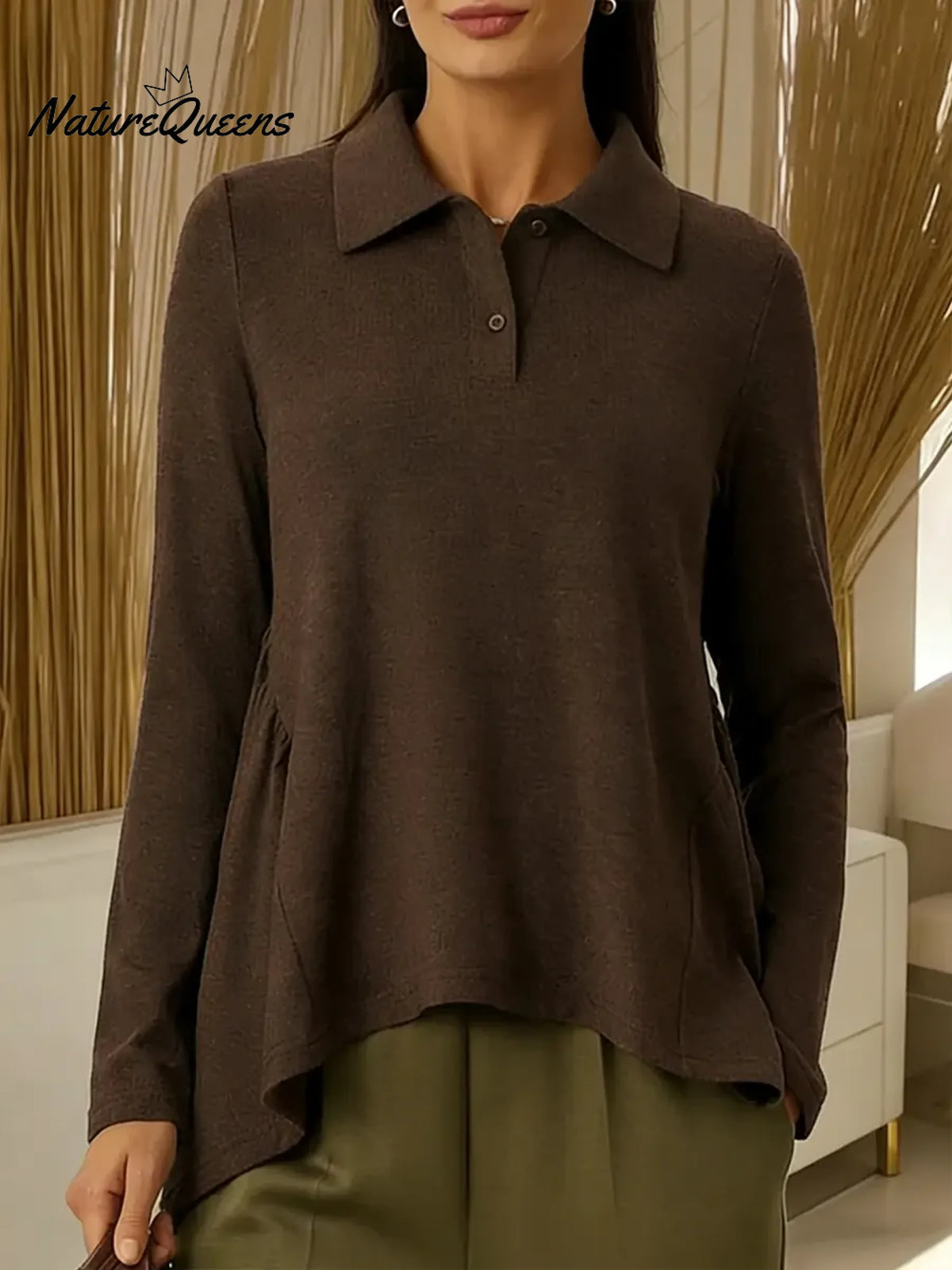 Women's Solid Color Shirt Collar Long-sleeved Casual Loose Top With Irregular Hem.