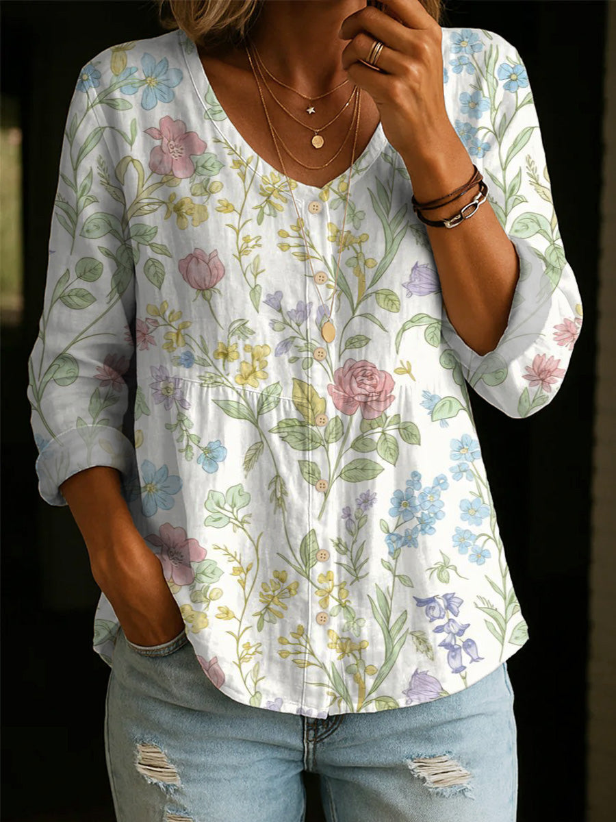 Artistic Floral Cotton Shirt — Women's Elegant, Casual, Versatile, And Soft Cotton Top