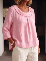 Breathable Cotton-linen Shirt With Soft-fold Neckline (lagenlook Style)