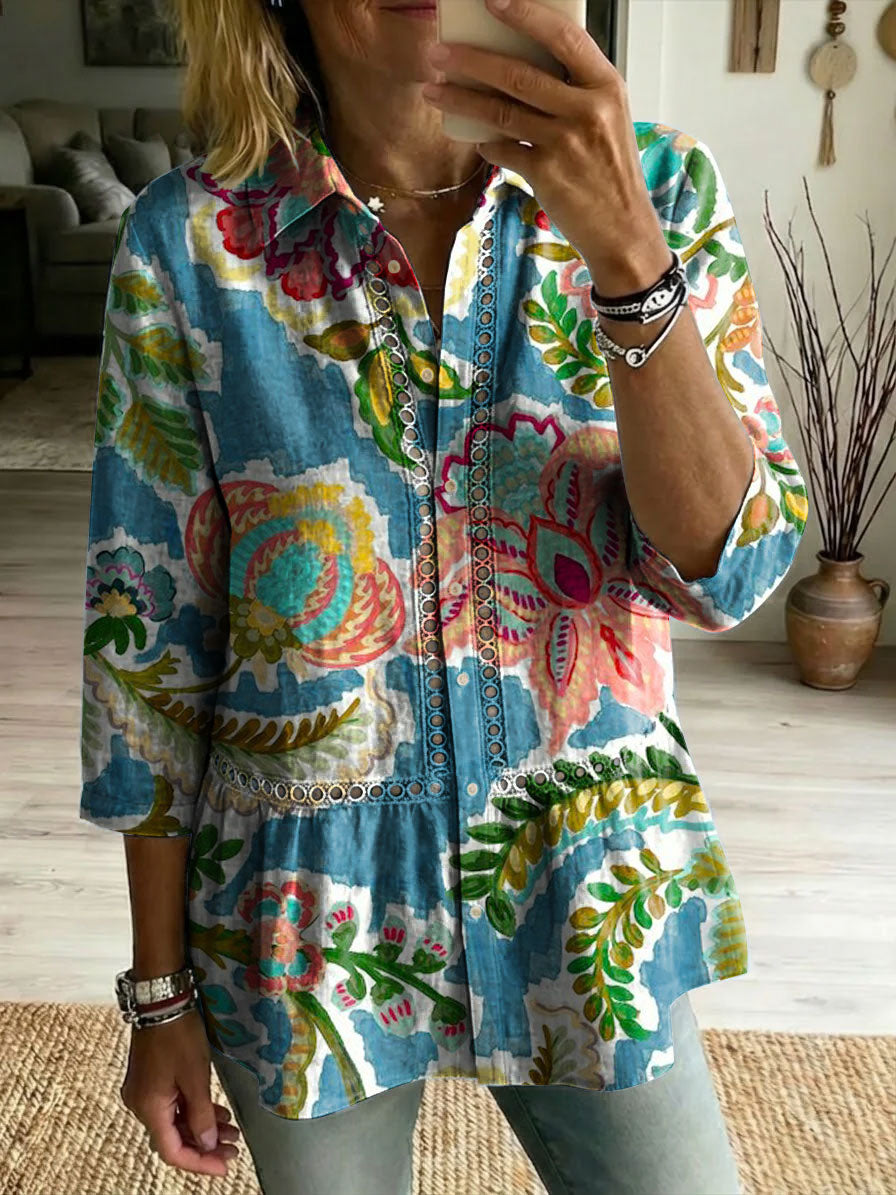 Floral Flowers Art Patterns Casual Patchwork Openwork Webbing Linen And Cotton Shirt