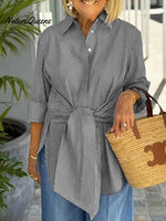 Women's Striped Print Tie-front Lapel Long-sleeved Loose Casual Shirt