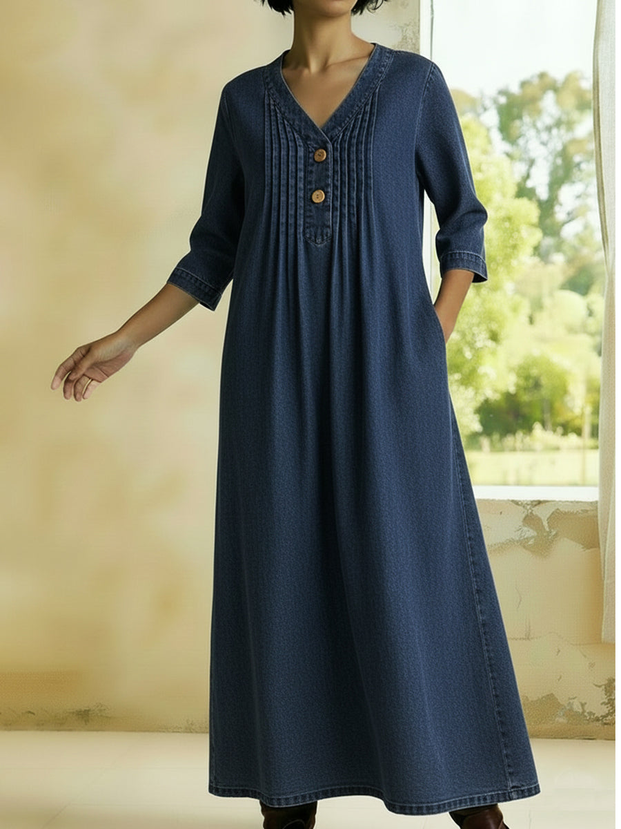 Casual V-neck Pleated Button-down Denim Dress