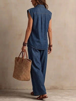 Women's Casual Sleeveless Shirt And Wide-leg Jeans Set