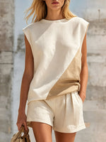 Women's Retro Color-blockSleeveless Round Neck Cotton And Linen T-shirt And Shorts Set