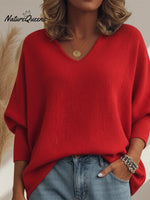 Cozy Batwing Sleeve V-neck Knit Pullover