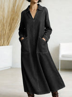 Women's New Spring Collection V-neck Long-sleeved Casual Loose Denim Dress With Pockets.