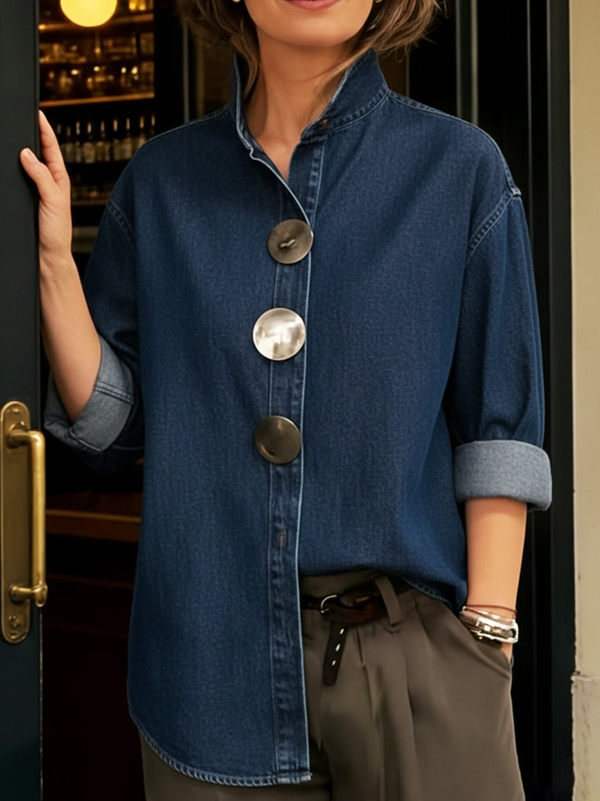 Stylish Stand-collar Metal Button Denim Shirt