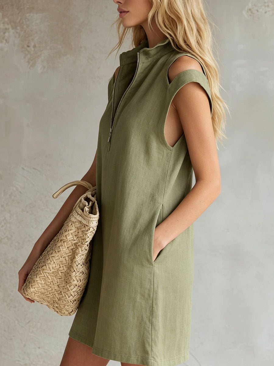 Women's Casual Retro Stand-collar Zip-front Cold-shoulder Sleeveless Dress