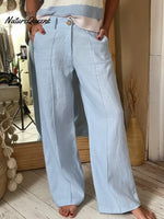 Classic Wooden Button Solid Color Linen Trousers